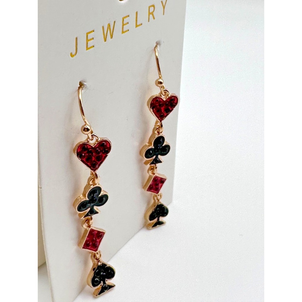 Casino Playing Card Black and Red Dangle Earrings Hearts Spades Diamonds Clubs